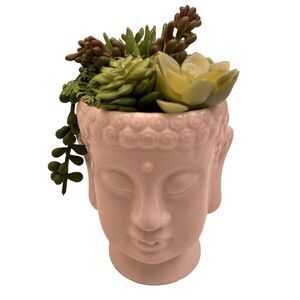 New artificial green plants on ceramic buddha vase 7” x 4”( Diameter)